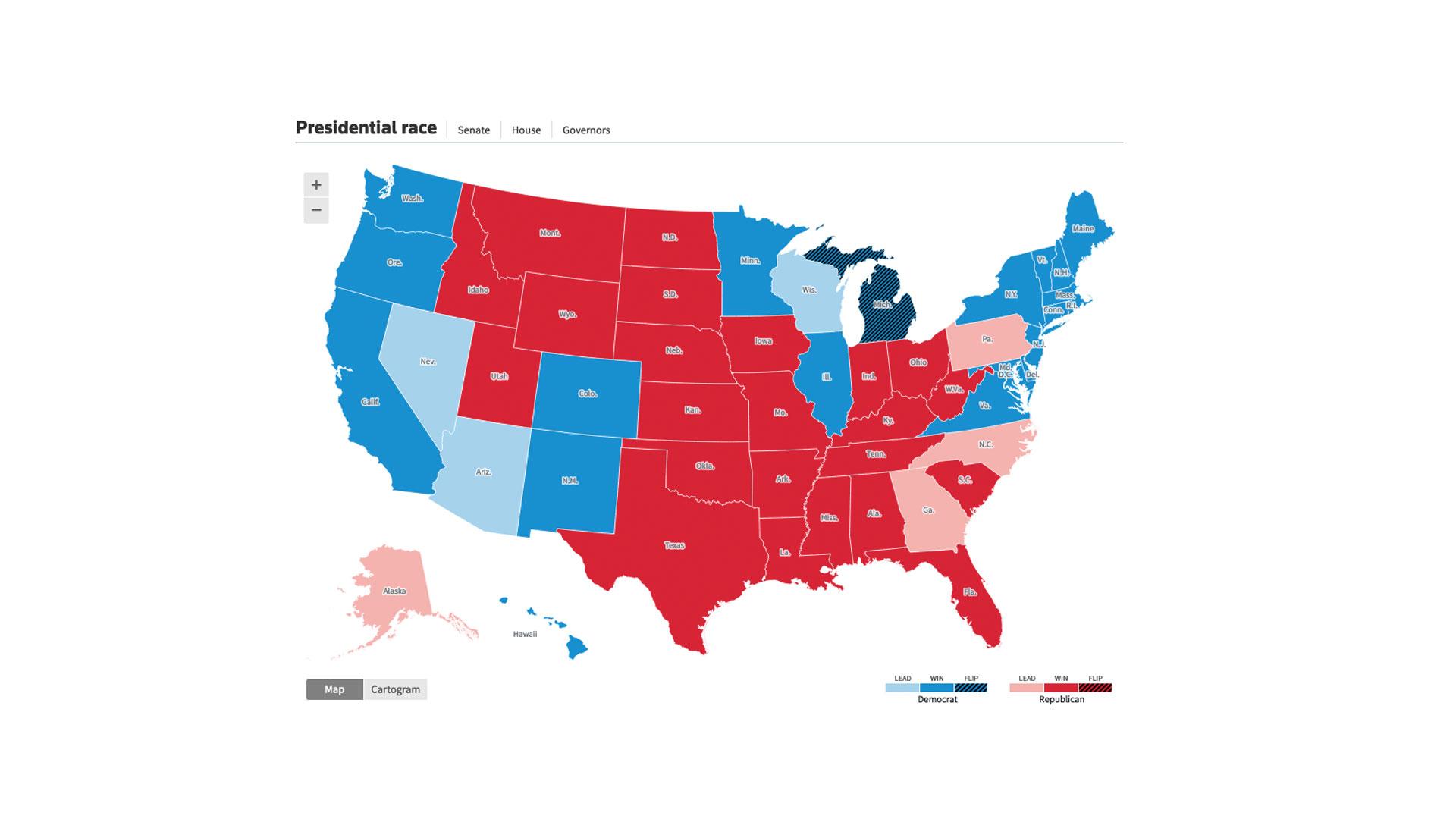 A map of the United States showing blue and red-colored states as the votes for the 2020 election are announced.