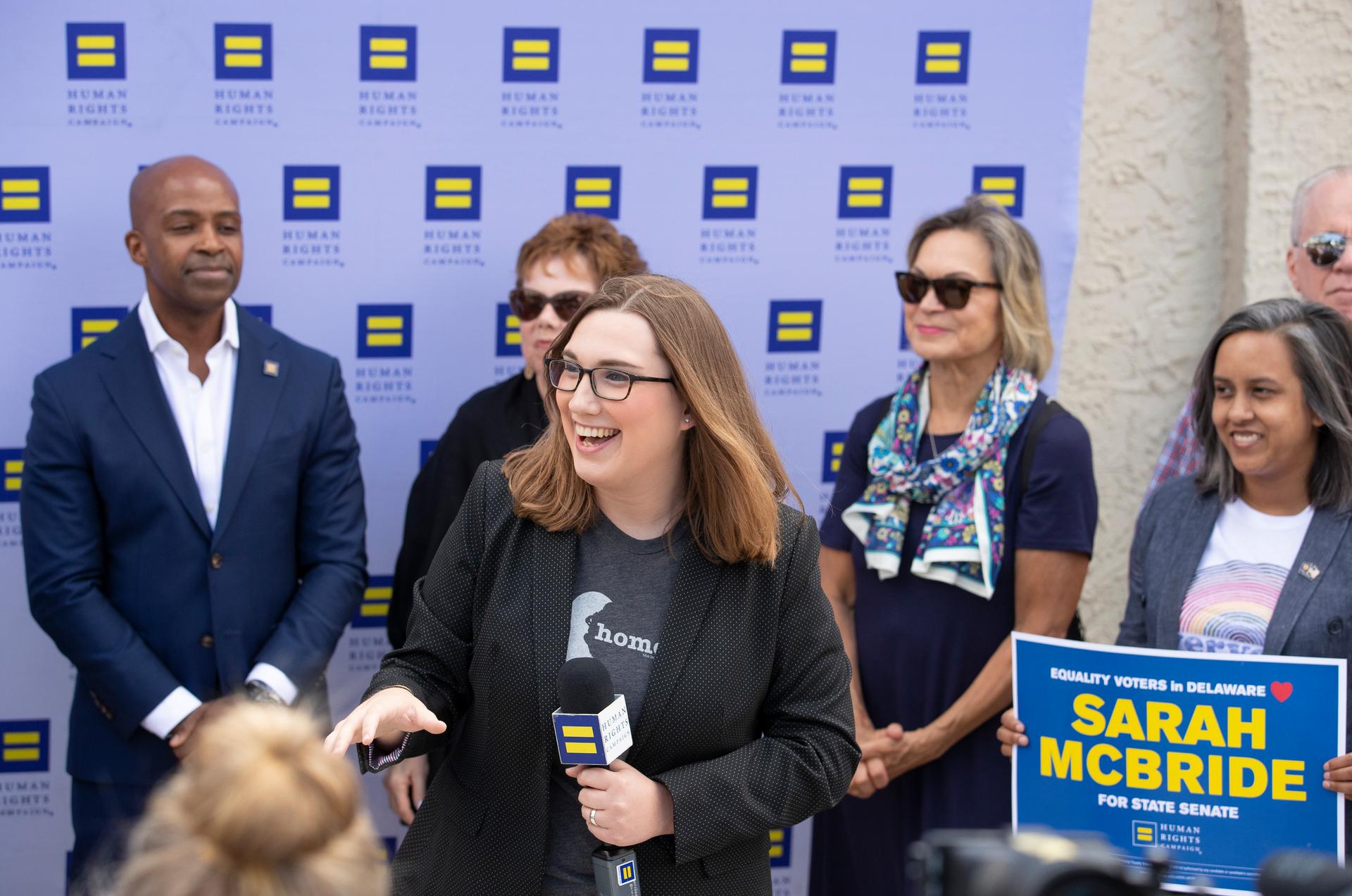 Sarah McBride, then a candidate for Delaware state senate, speaks during an event that announced her endorsement by the Human Rights Campaign in Wilmington, Delaware, Aug. 25, 2019.