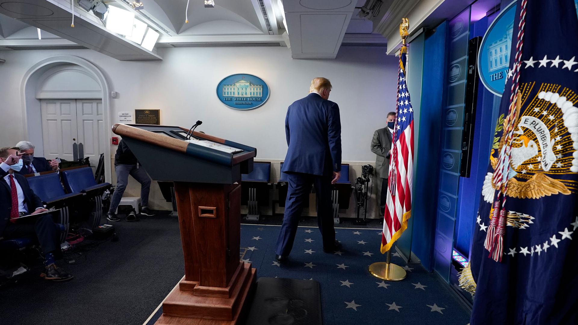 US President Donald Trump walks away after speaking at the White House, Nov. 5, 2020.