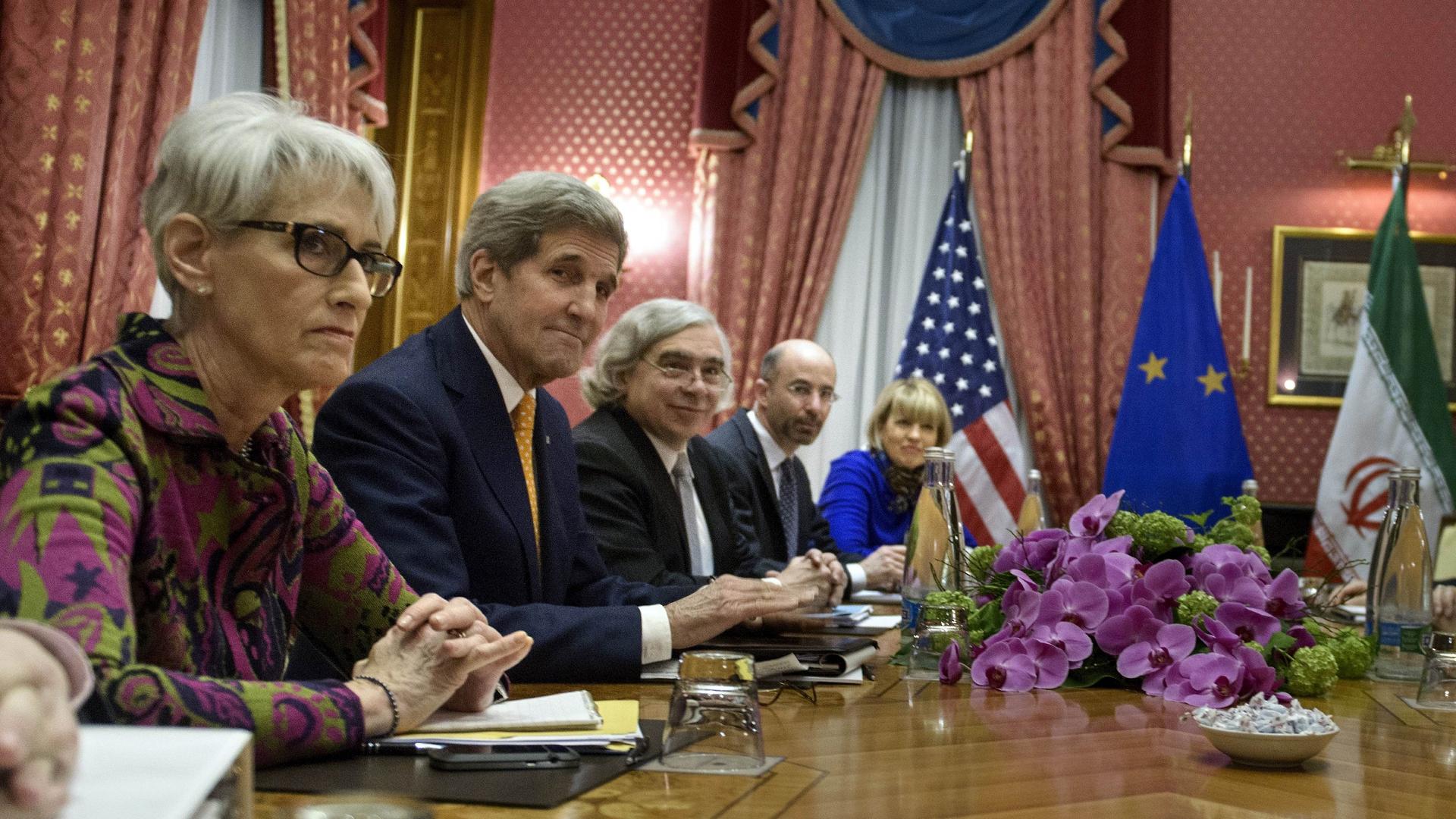 Former US Under Secretary for Political Affairs Wendy Sherman, US Secretary of State John Kerry, US Secretary of Energy Ernest Moniz, National Security Council point person on the Middle East Robert Malley and European Union Political Director Helga Schmi