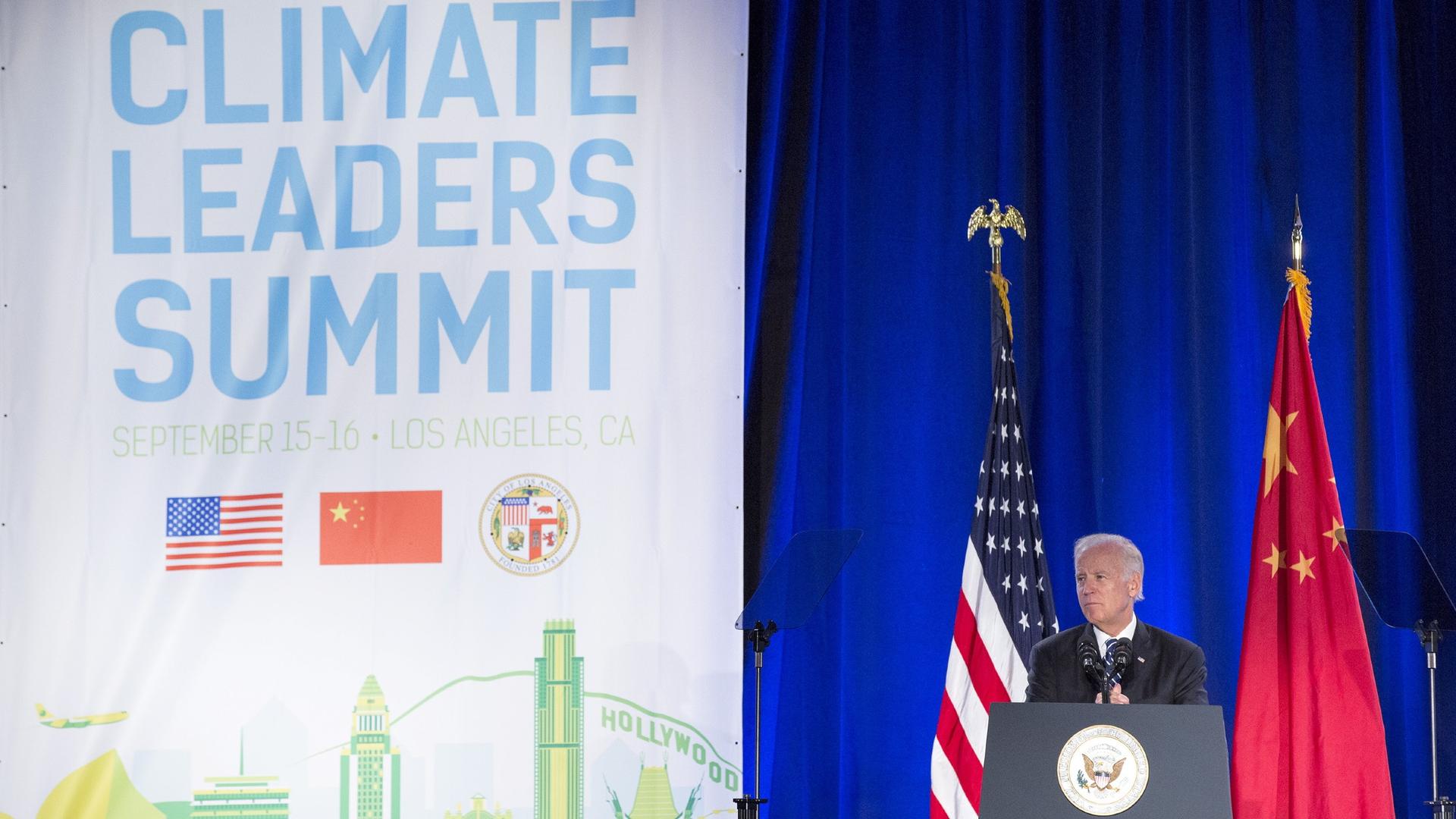 In this file photo, then-Vice President Joe Biden speaks at the closing session of the US-China Climate Leaders Summit in Los Angeles, California, Sept. 16, 2015.