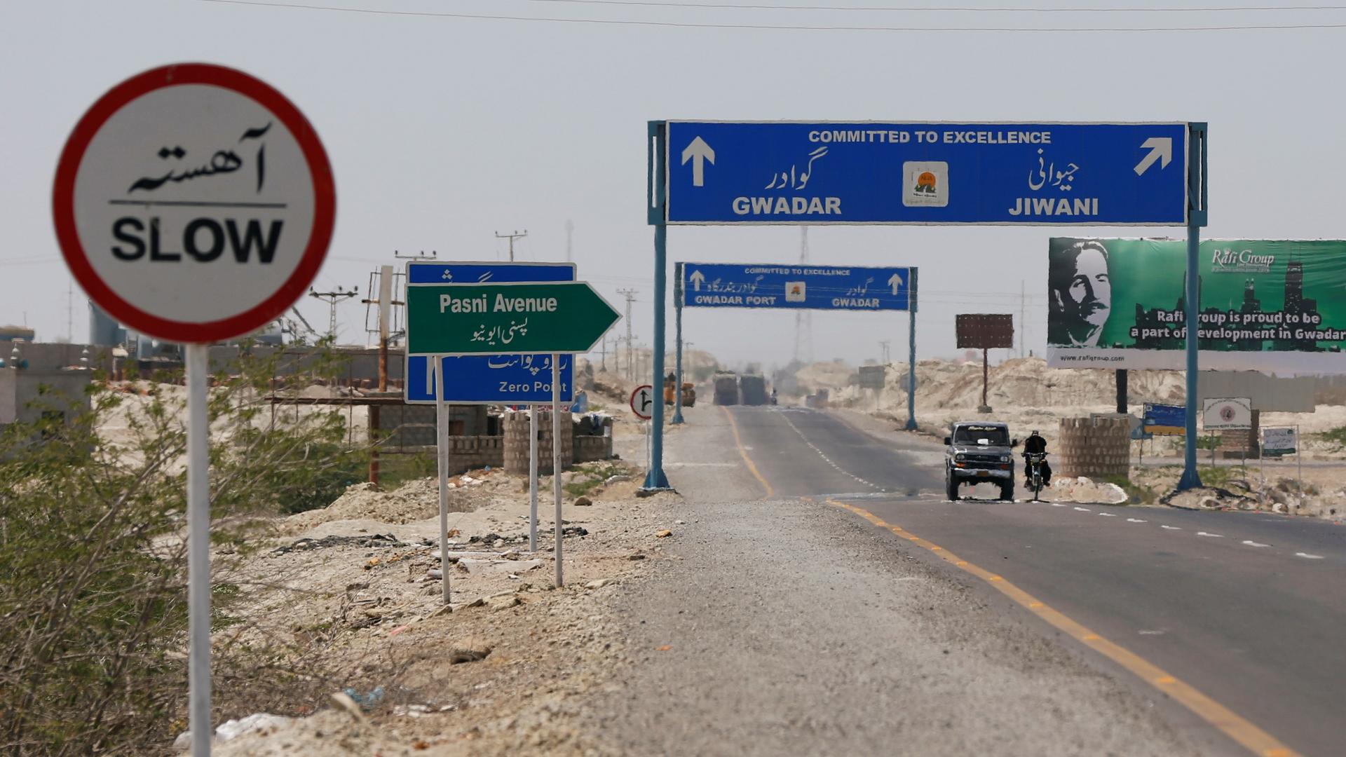 A general view of signs along a highway leading to Gwadar, Pakistan, April 12, 2017.
