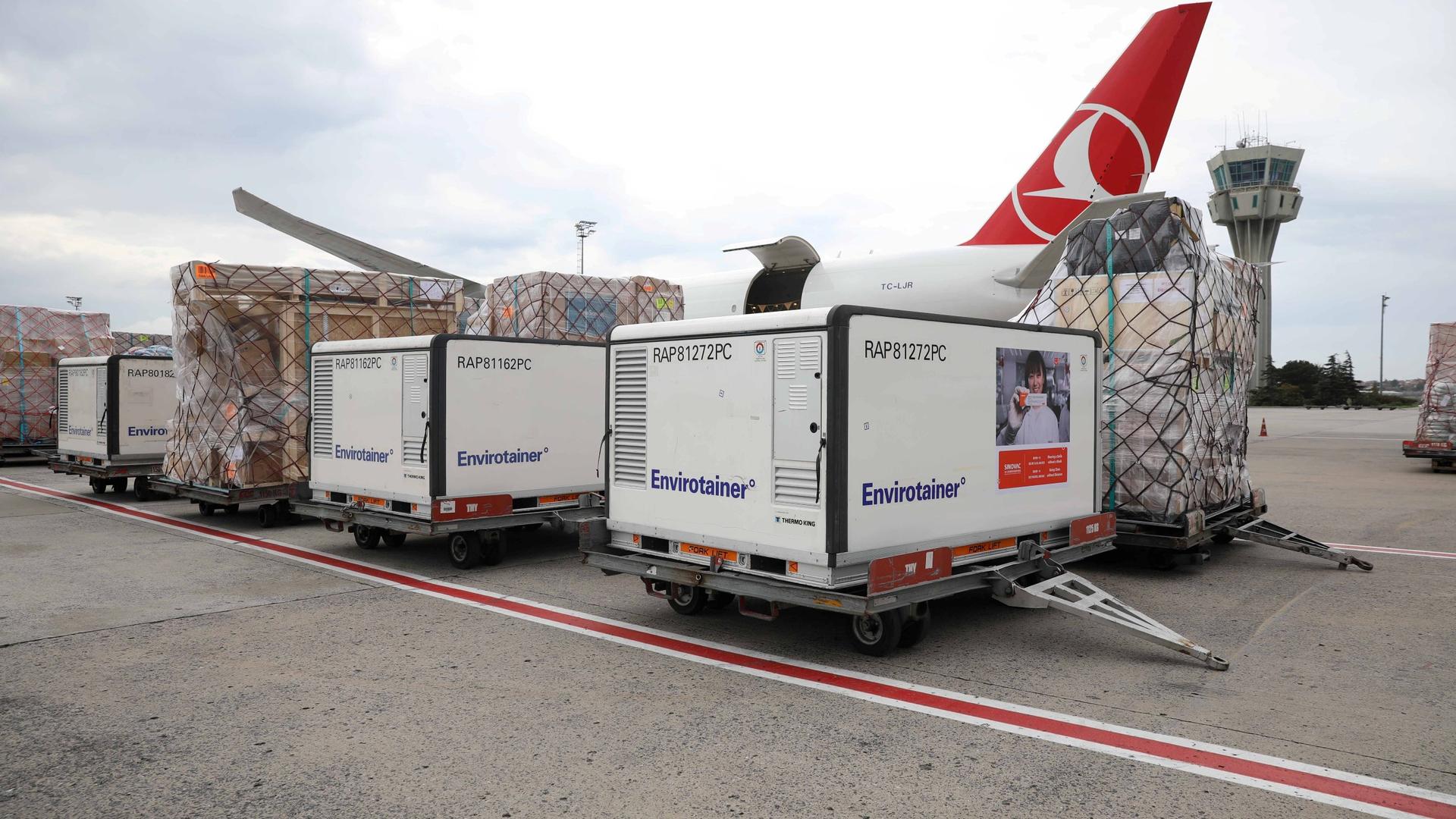 Active temperature control containers carrying China's Sinovac experimental COVID-19 vaccines are loaded onto a Turkish Cargo plane at Ataturk airport before departing to Brazil, in Istanbul, Turkey, Nov. 18, 2020.