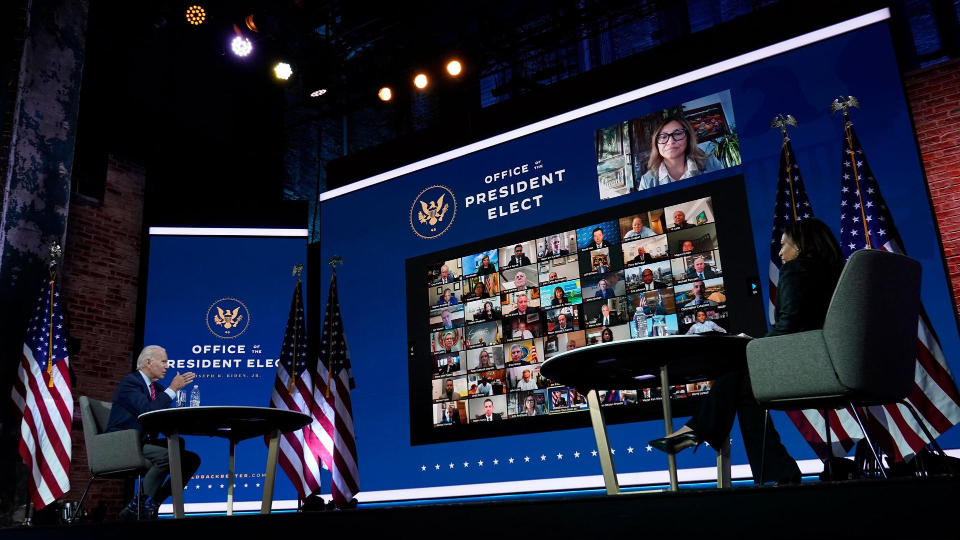 President-elect Joe Biden and Vice President-elect Kamala Harris meet virtually with the United States Conference of Mayors at The Queen theater in Wilmington, Del, Nov. 23, 2020.