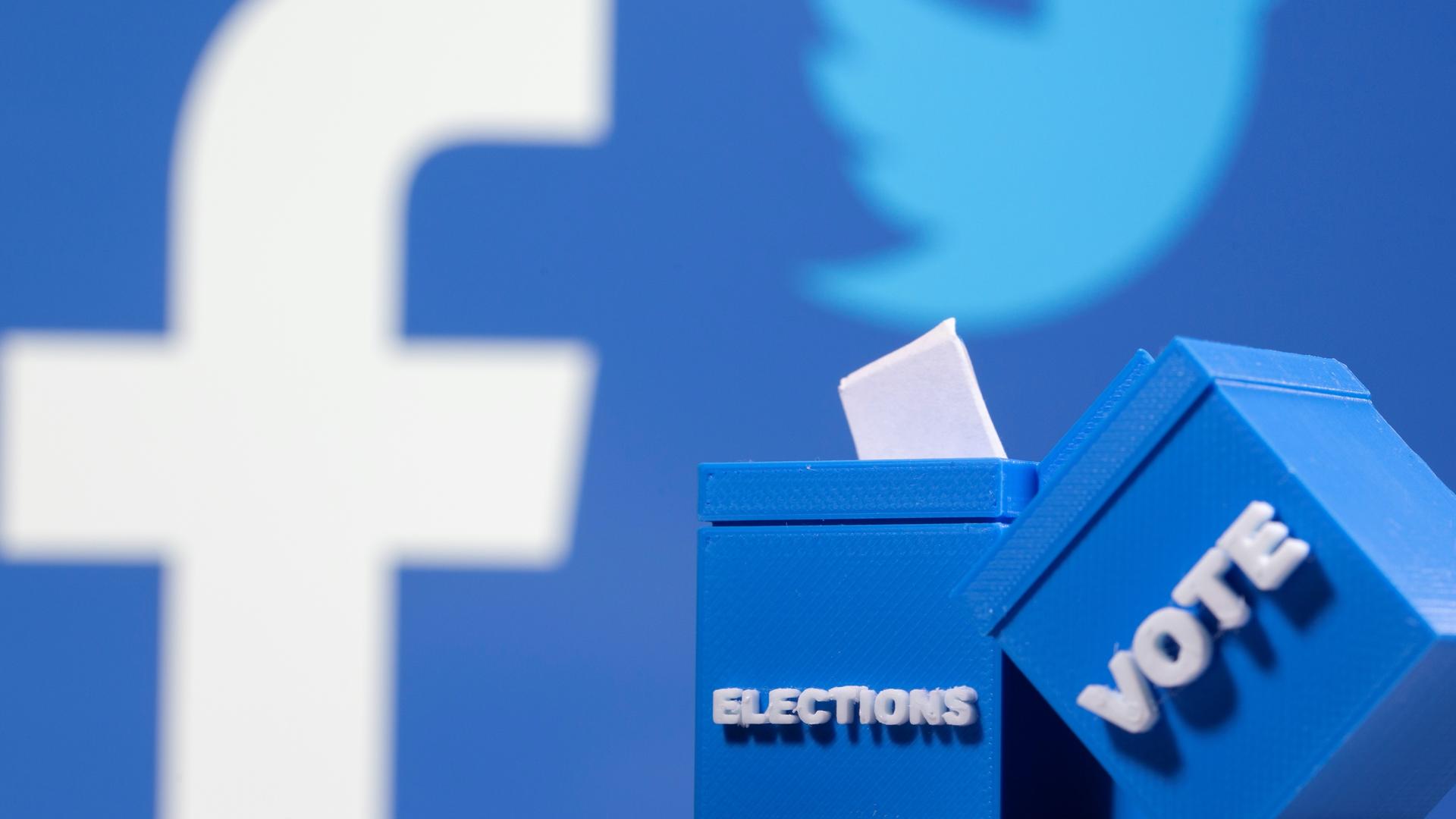 Blue background with Facebook and Twitter logo and two blue boxes with "election" and "vote" written on it in white letters