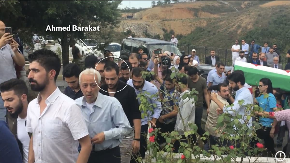 Ahmed Barakat (circled) attends the funeral of Halla and Orouba Barakat on Sept. 23, 2017, in Istanbul. A distant relative, he was the only suspect indicted for and later convicted of the women’s murders.