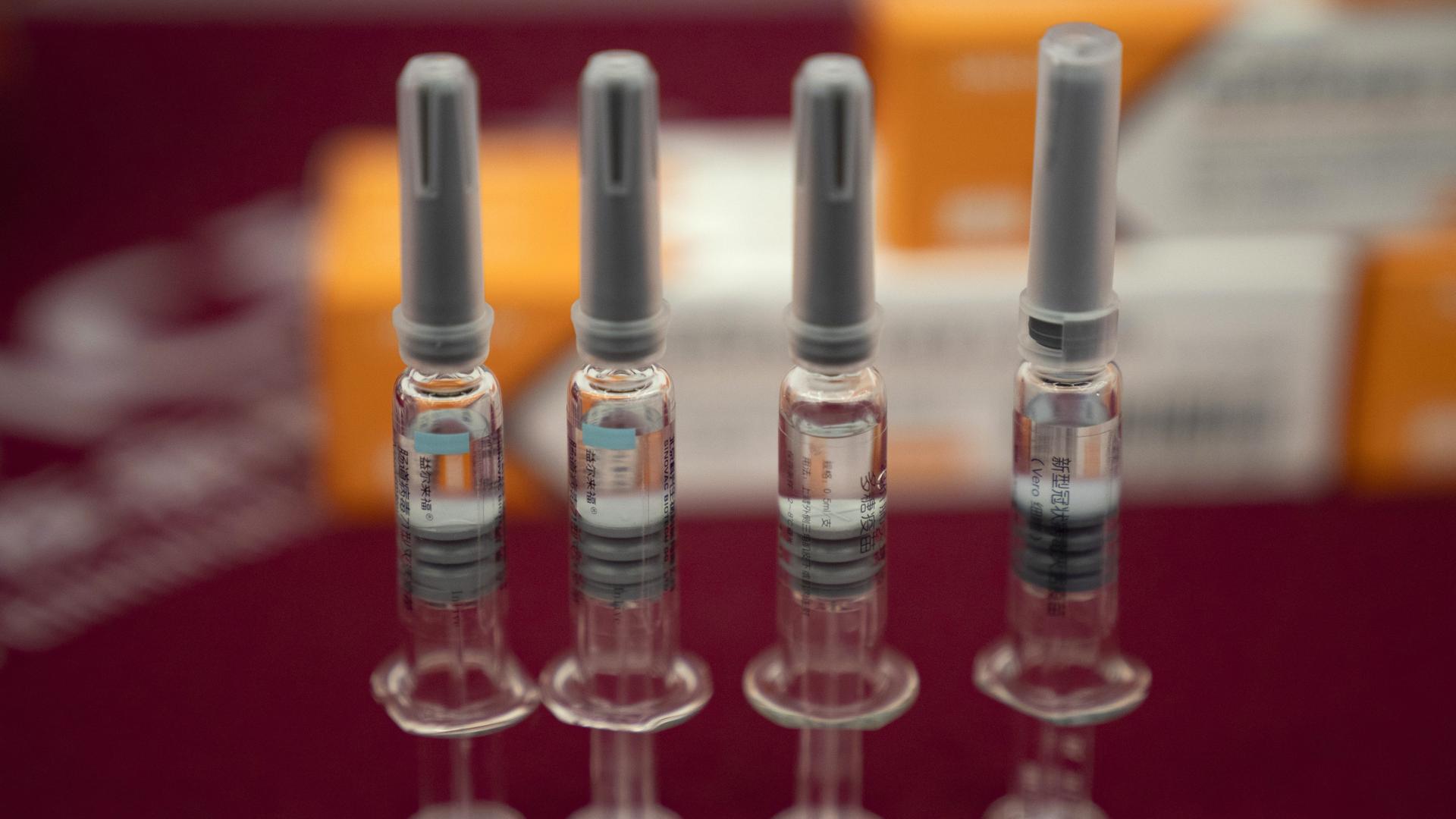 Four vertical syringes of SARS CoV-2 Vaccine for COVID-19