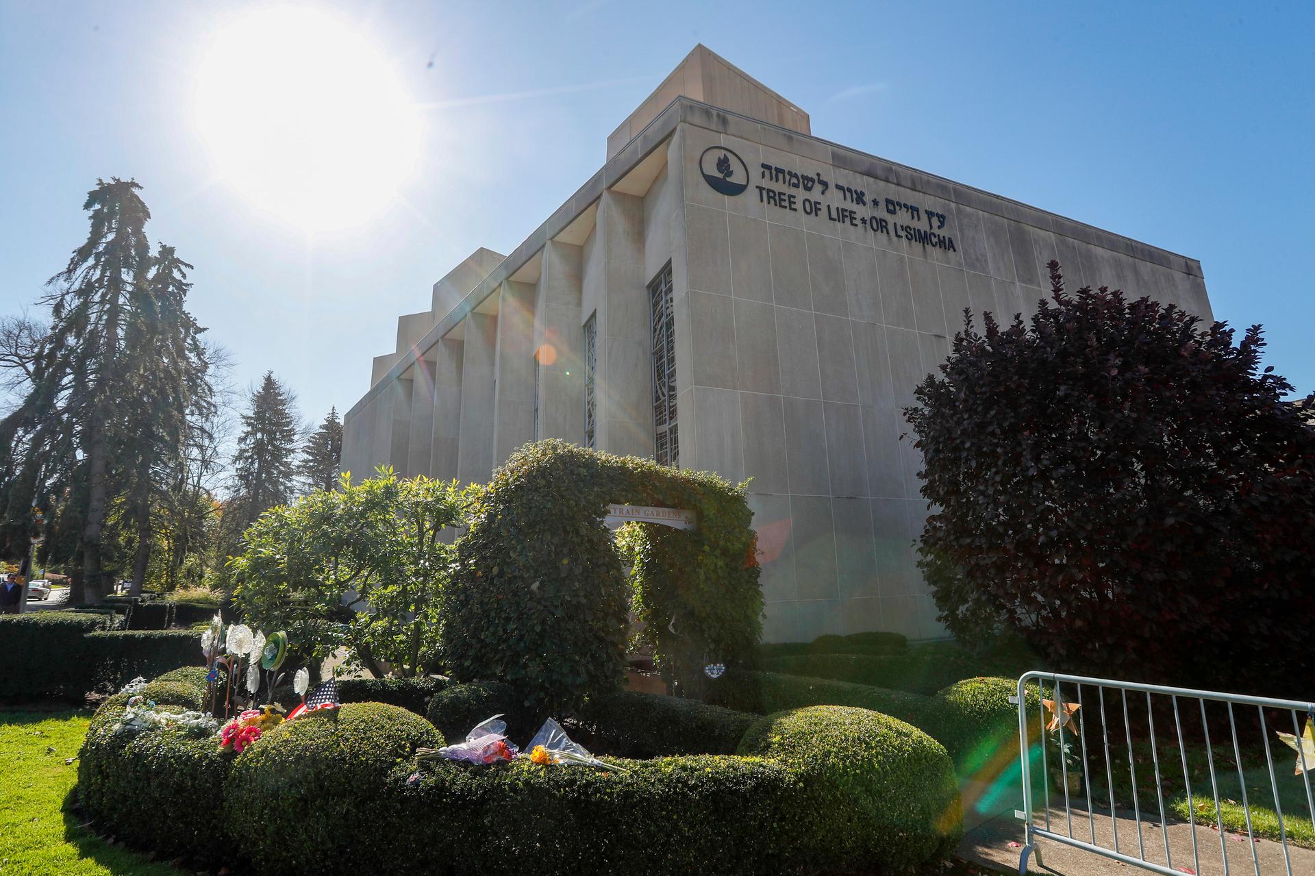 A photograph of the Tree of Life Synagogue in Pittsburgh.