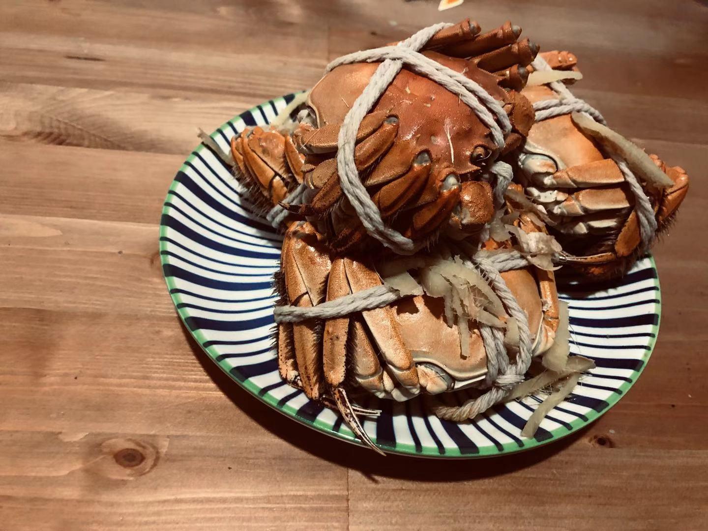 A couple of hairy crabs are shown tied together with a rope and sitting on a striped plate.