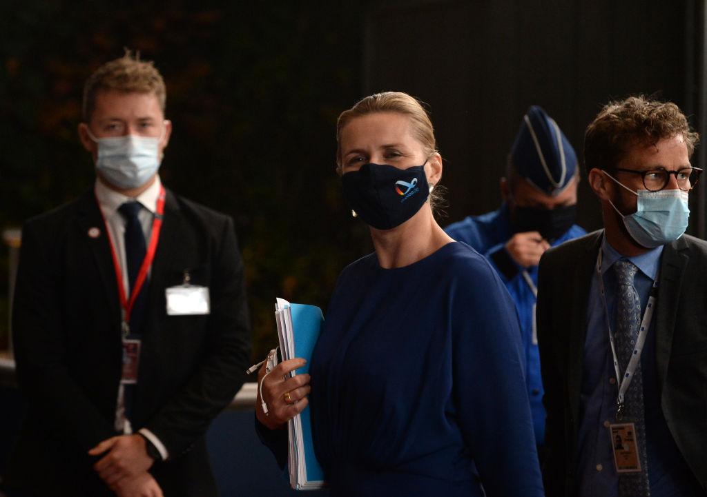 Denmark’s Prime Minister Mette Frederiksen wearing a face mask.