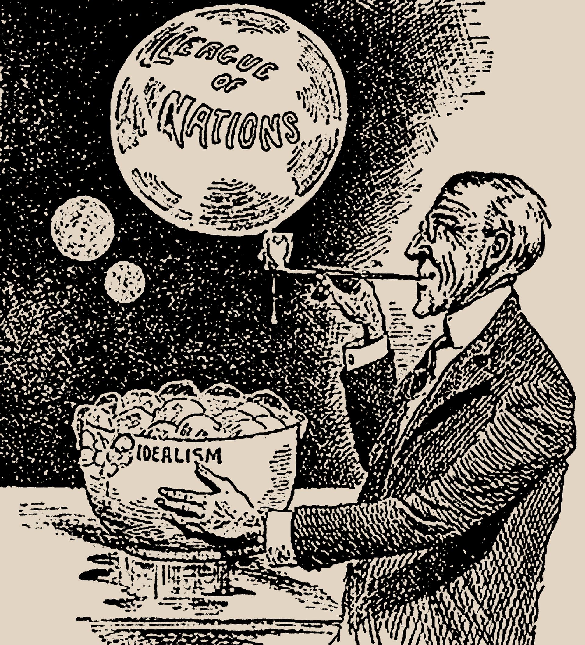 A cartoonist depiction of a man (Woodrow Wilson) blowing a bubble labeled 