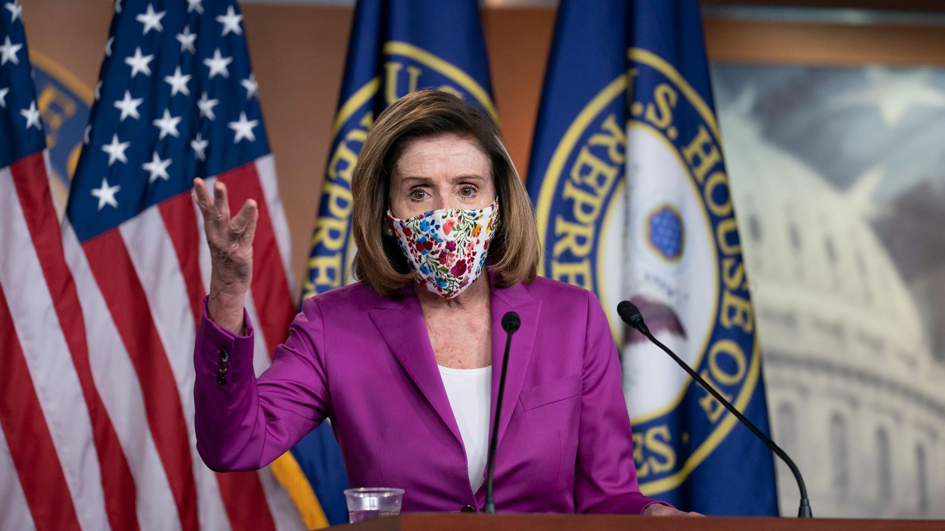 Speaker of the House Nancy Pelosi holds a news conference on the day after a violent attack on the US Congress, Jan. 7, 2021.