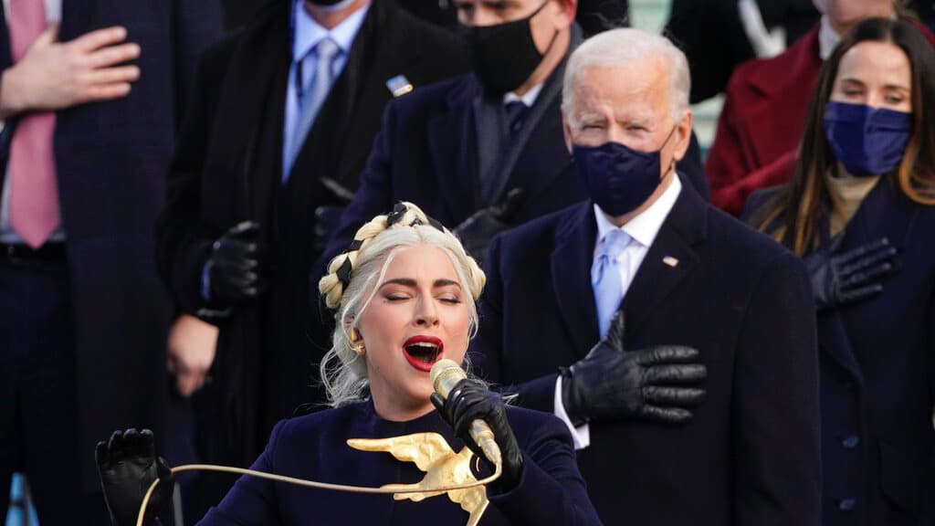 Lady Gaga performs the national anthem during the 59th presidential inauguration at the US Capitol in Washington, Jan. 20, 2021.