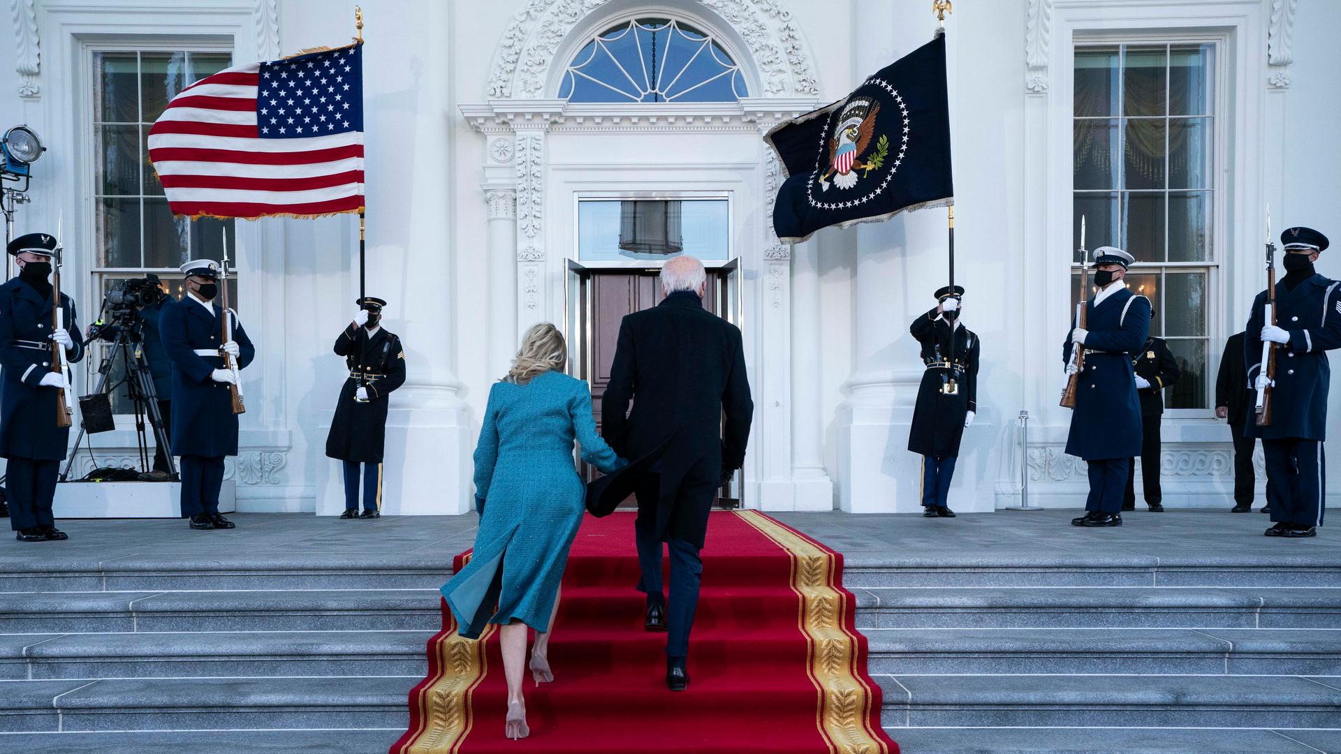President Joe Biden and first lady Jill Biden arrive at the North Portico of the White House,  Jan. 20, 2021, in Washington, DC.
