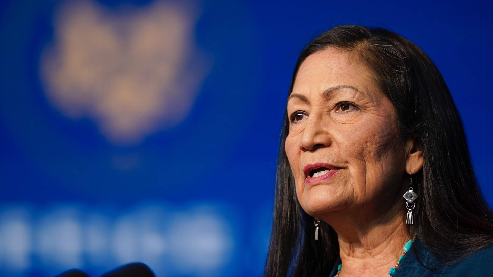 The Biden administration's nominee for secretary of interior, Democratic Rep. Deb Haaland, from New Mexico, speaks at The Queen Theater in Wilmington, Delaware, Dec. 19, 2020.