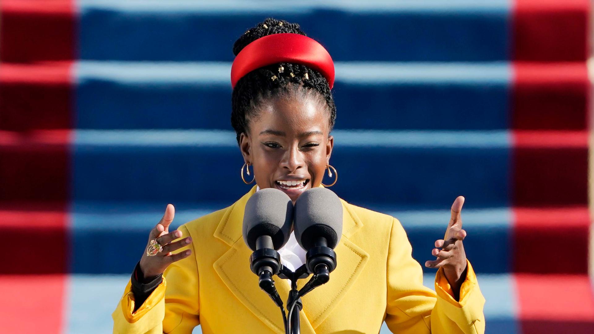 American poet Amanda Gorman reads a poem during the 59th Presidential Inauguration at the US Capitol in Washington, Jan. 20, 2021.