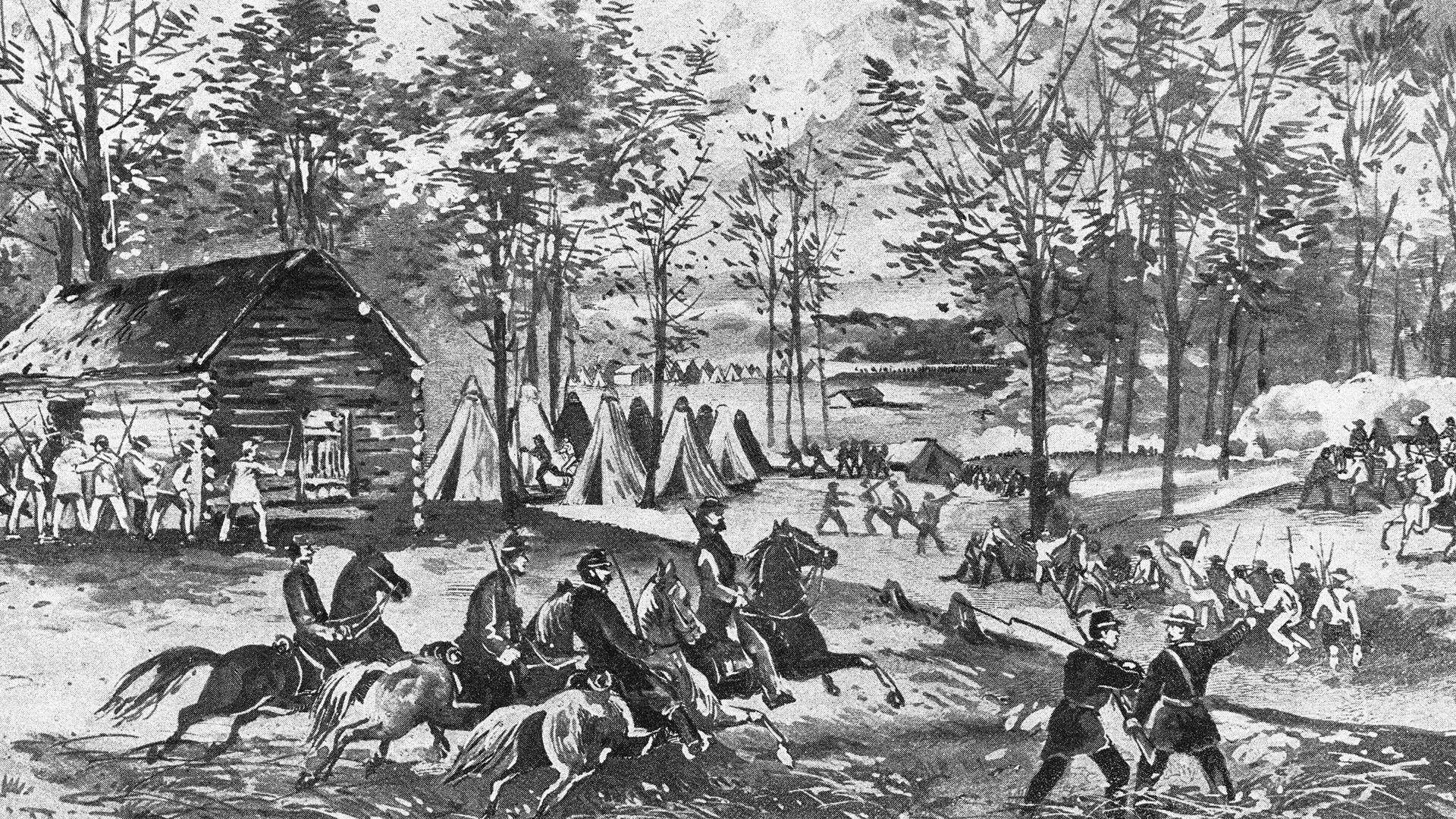 Black and white painting of a civil war scene in Tennessee