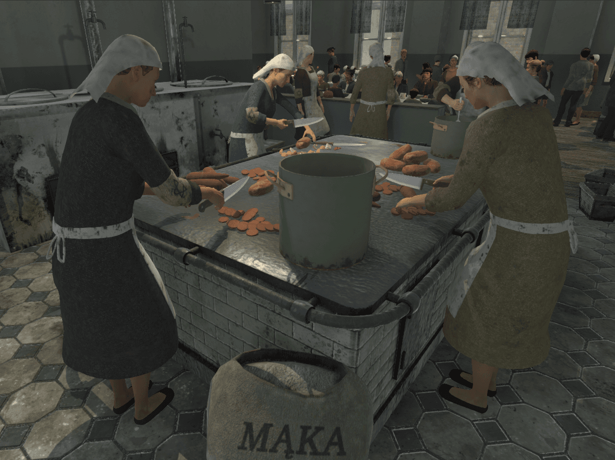 A virtual image of people cooking on a large stove.