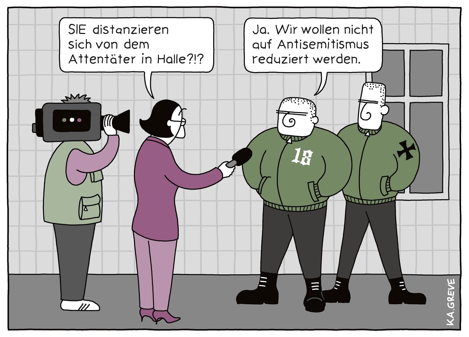 A cartoon features two media folks talk with Nazis wearing green bomber jackets