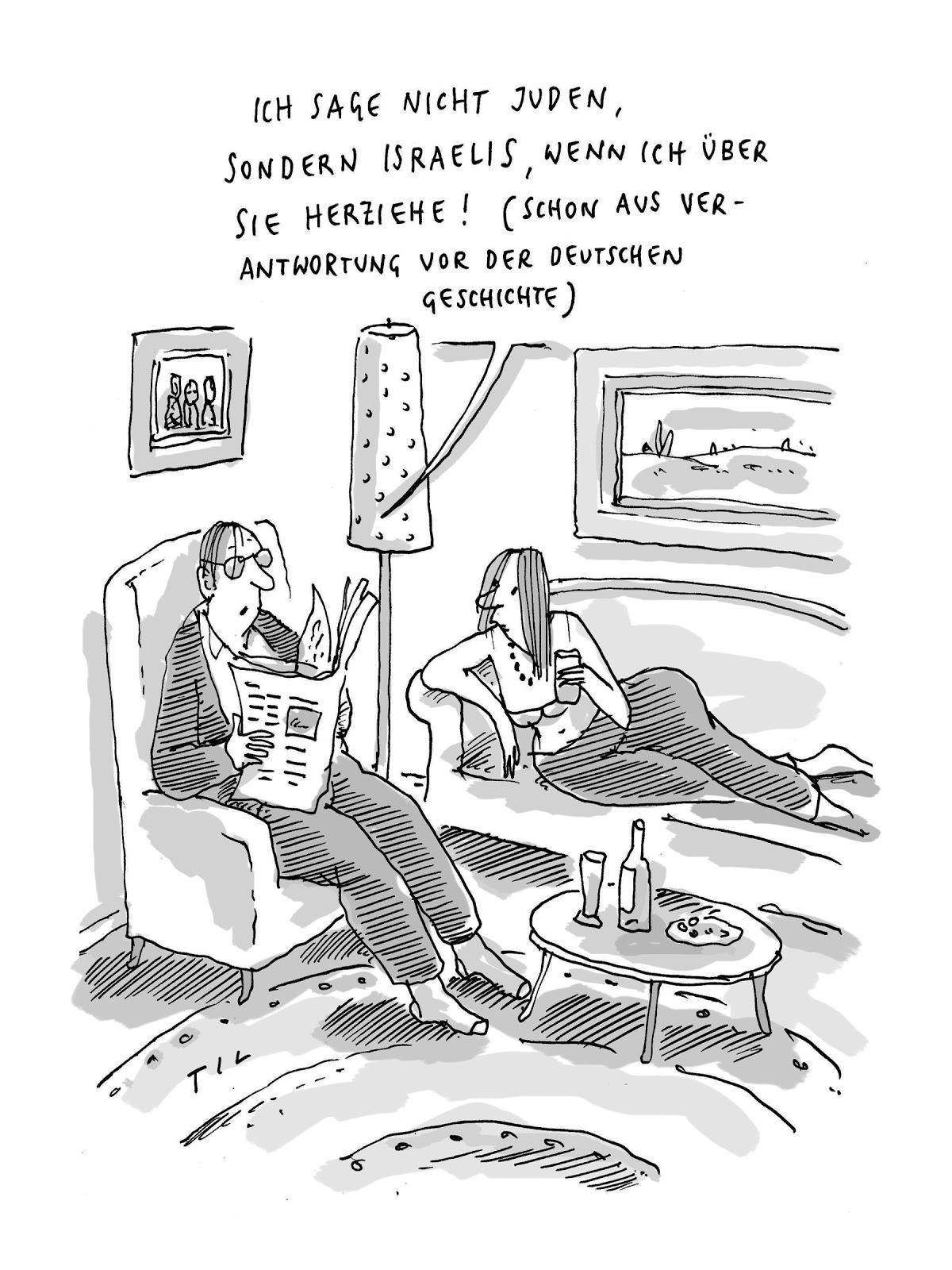 A black and white cartoon of two people talking in a living room.