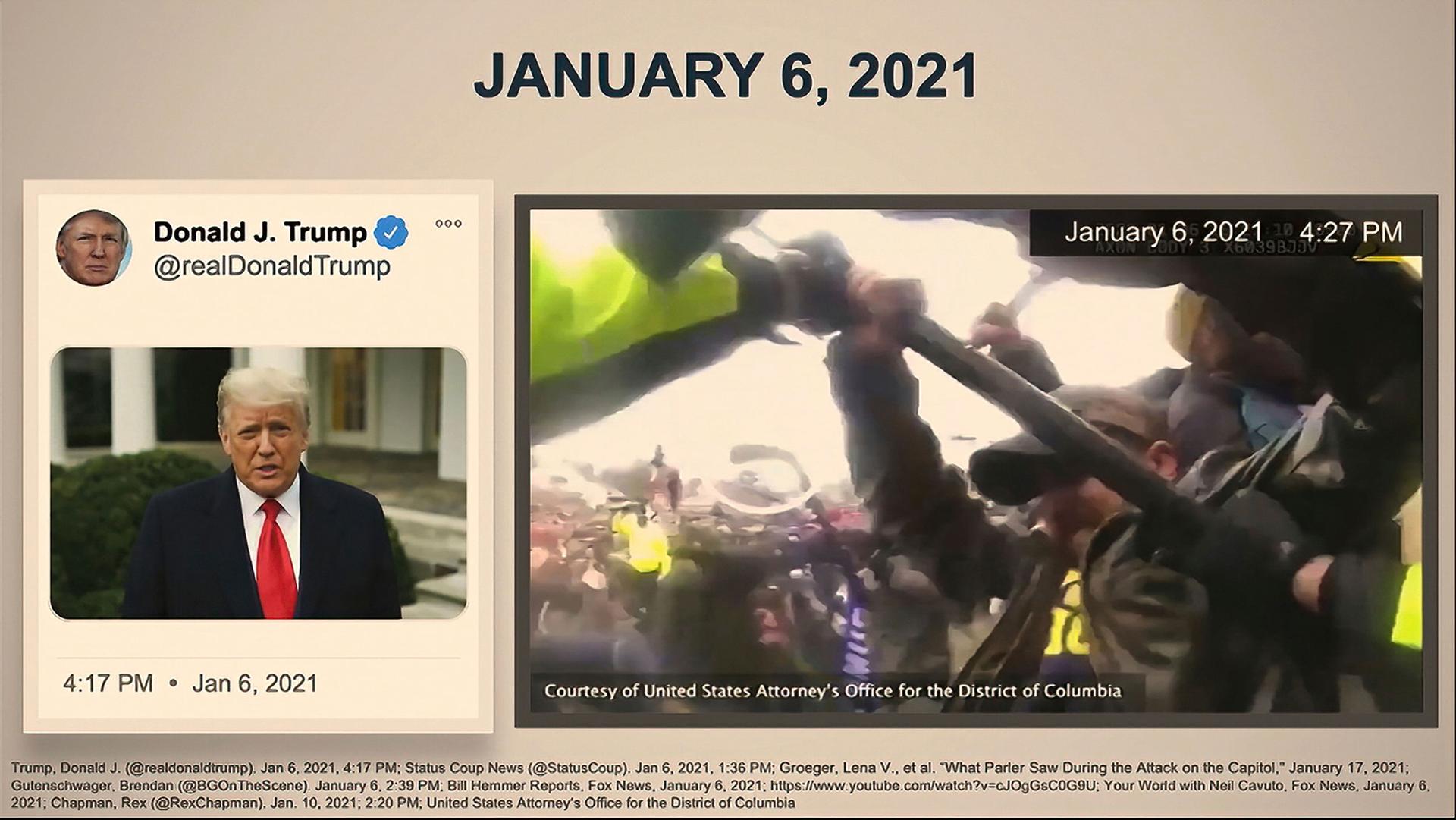 A video tweet from former President Donald Trump is shown on a screen next to another video of protesters fighting with security authorities.
