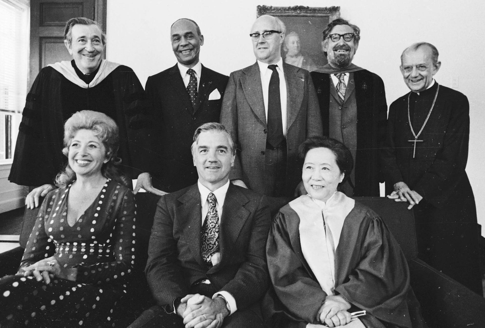 Chien Shiung Wu (bottom, right), then-professor of Columbia University New York, receives an honorary degree along with other recipients at Harvard University on June 14, 1974, in Cambridge, Massachusetts.