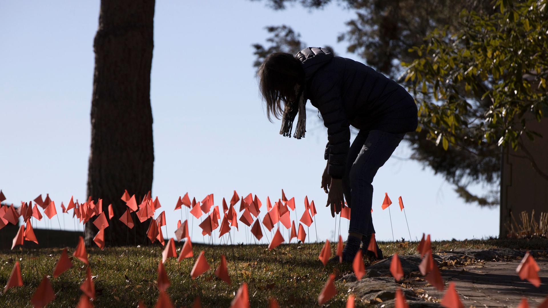 A woman in shown in shadow bending over near dozens of small red flags in the ground.