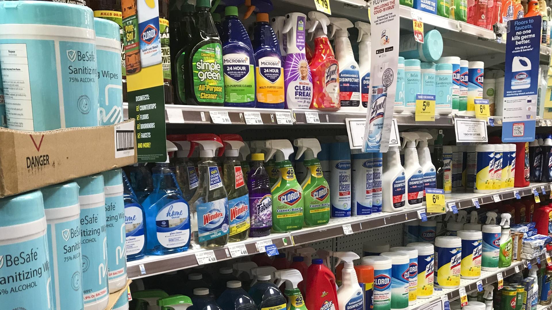 A grocery store aisle of cleaning and disinfecting products