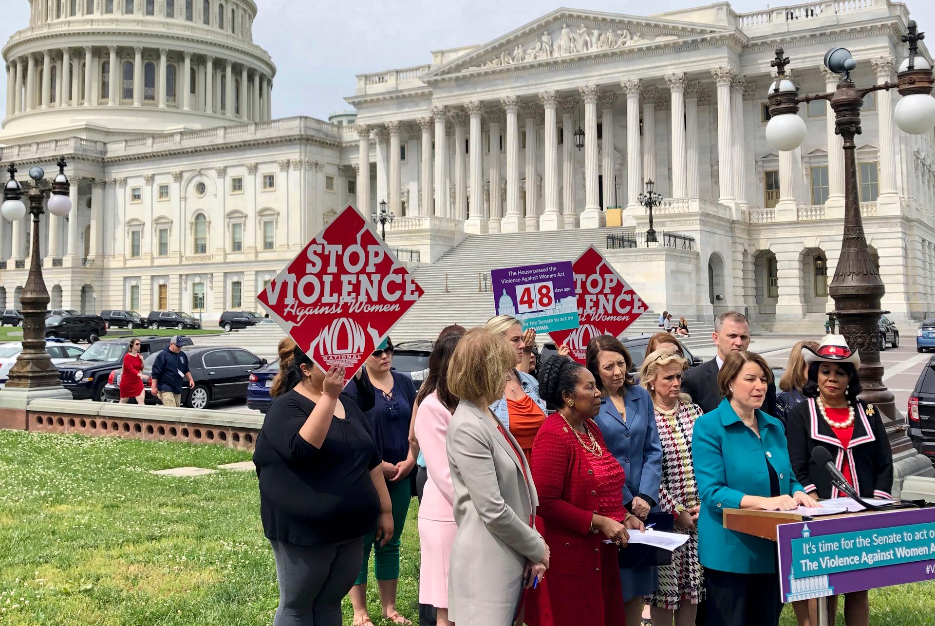 Minnesota Sen. Amy Klobuchar urges Senate to take up a bill renewing the Violence Against Women Act at a news conference outside the US Capitol in Washington, on May 22, 2019. 