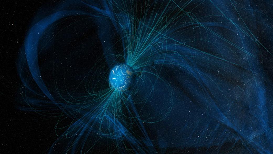 An illustration of blue and black magnetic field lines that Earth generates today. 