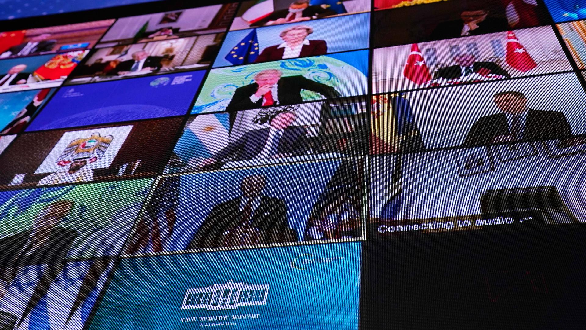 A screen is shown depicting several world leaders, each individually in their own screen-in-screen view.