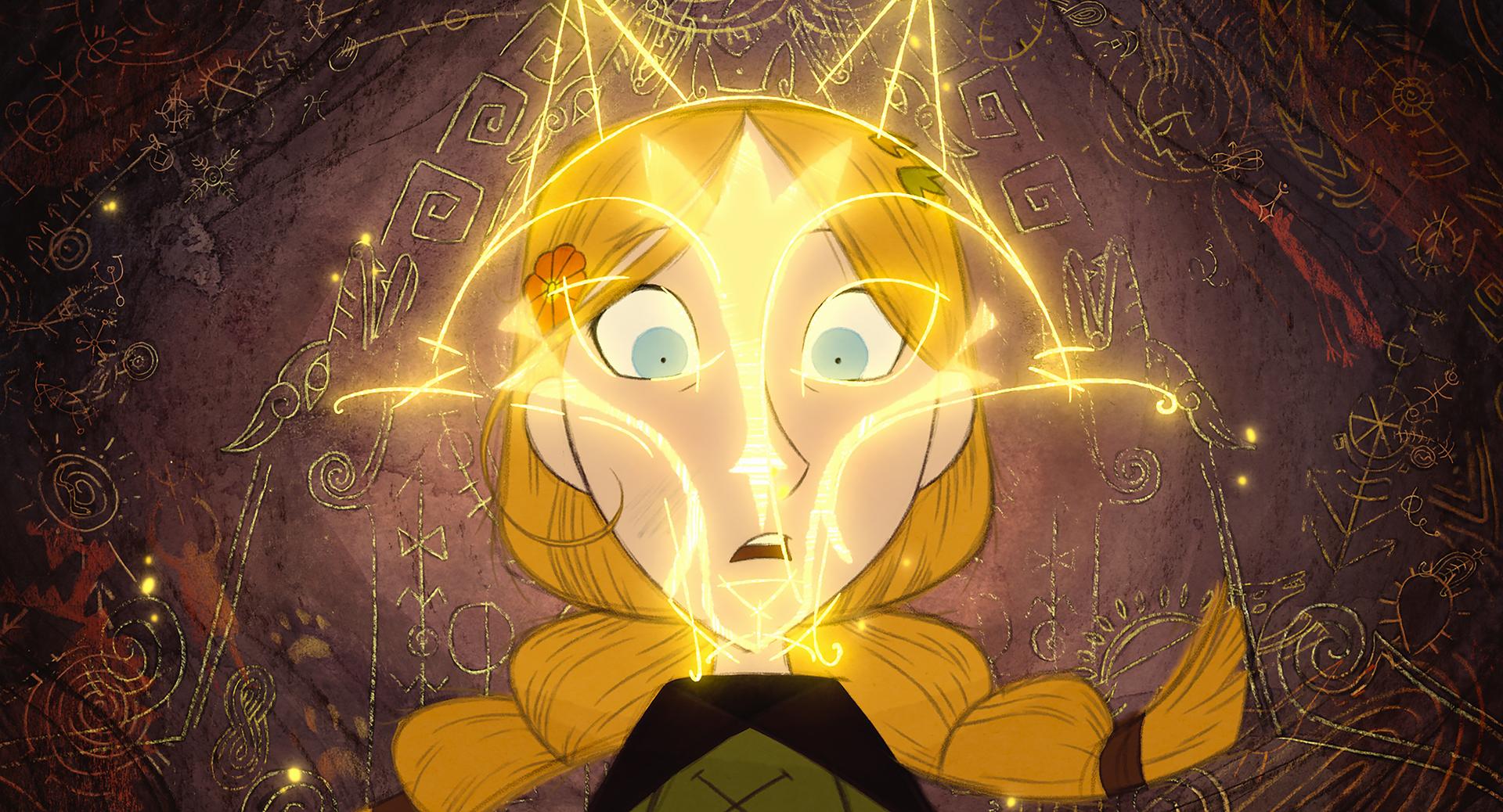 Animation of a surprised girl with magical lights around her face