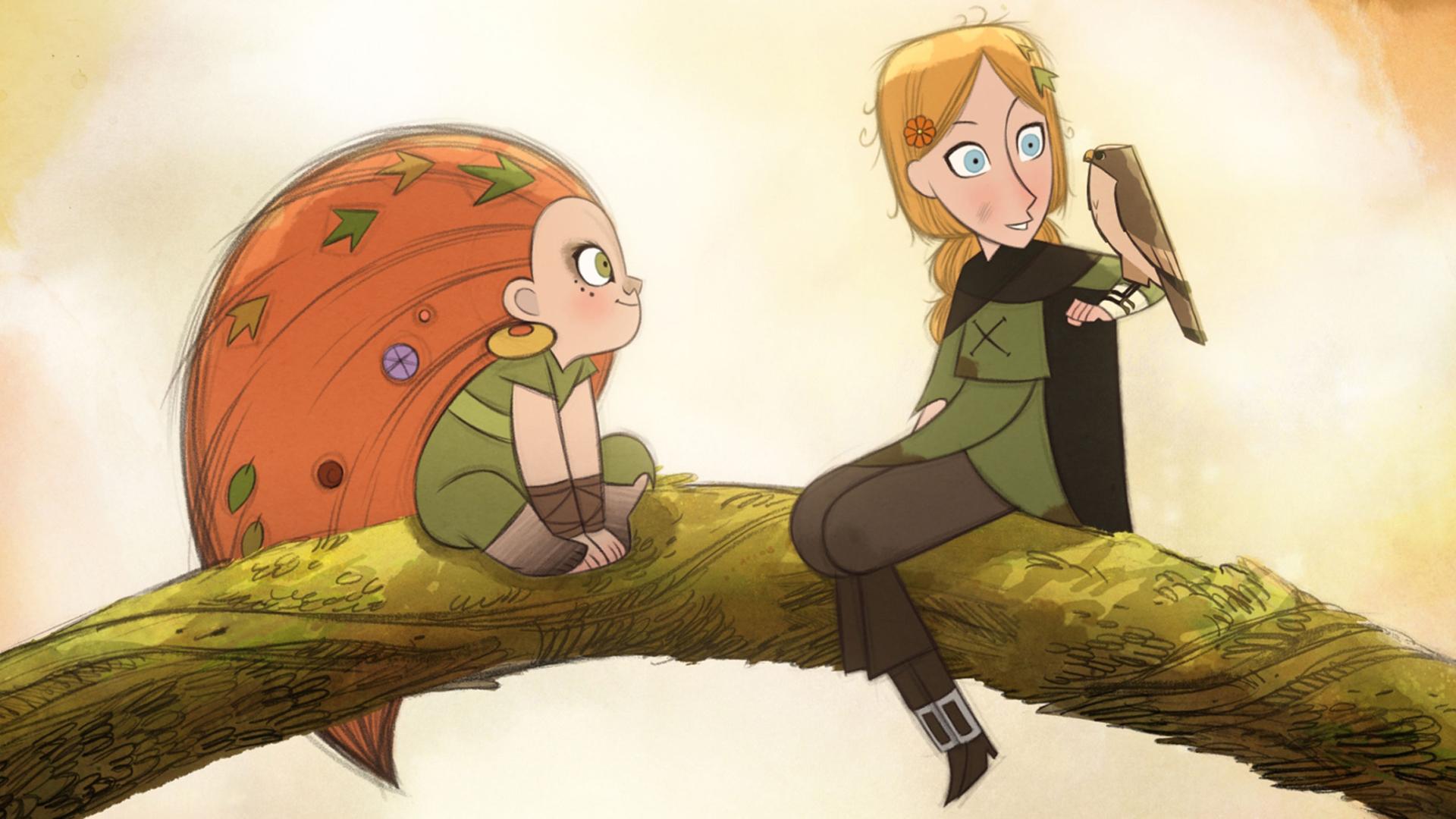 Animation of girl with blonde hair holding a bird and girl with orange hair watching, while sitting on a tree branch
