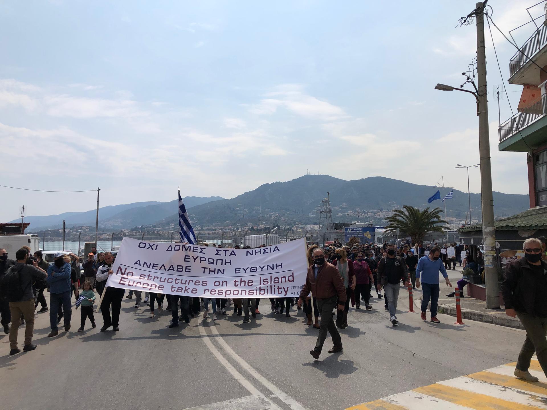 Locals on Lesbos protest the creation of a new migrant facility on the island. 
