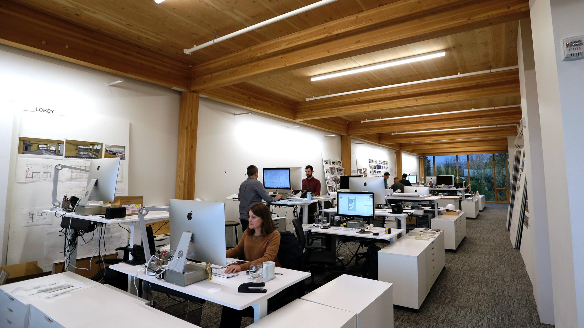 An upper floor of Lever Architecture headquarters, a four-story, all-wood building built using cross-laminated timber, or CLT, is shown in Portland, Oregon, Nov. 15, 2016. 