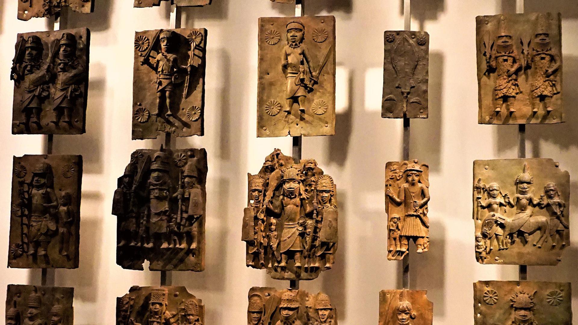 Benin Bronzes on exhibit at the British Museum.