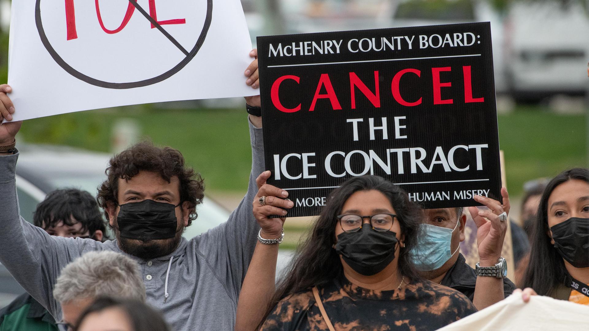 Advocates gather outside the county building in McHenry County, Woodstock, Illinois, on Tuesday, May 18, 2021.