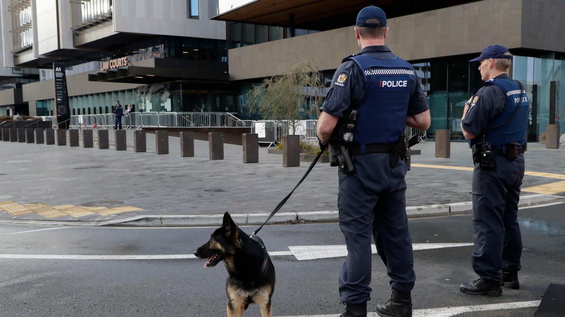 Armed police stand in front of a building with a police dog
