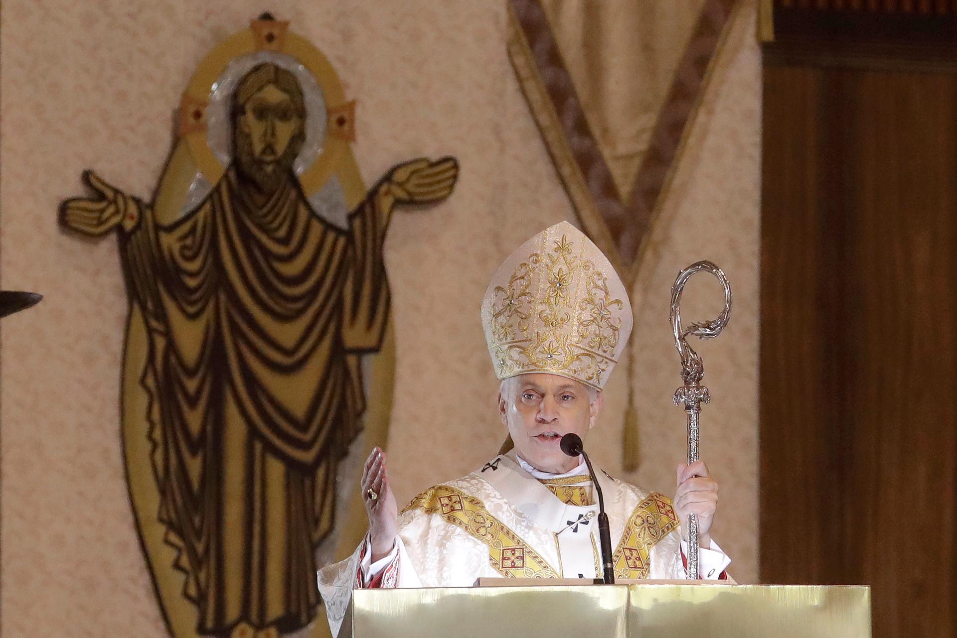 San Francisco Archbishop Salvatore Cordileone celebrates Easter Mass, which was live-streamed, at St. Mary's Cathedral in San Francisco, April 12, 2020.