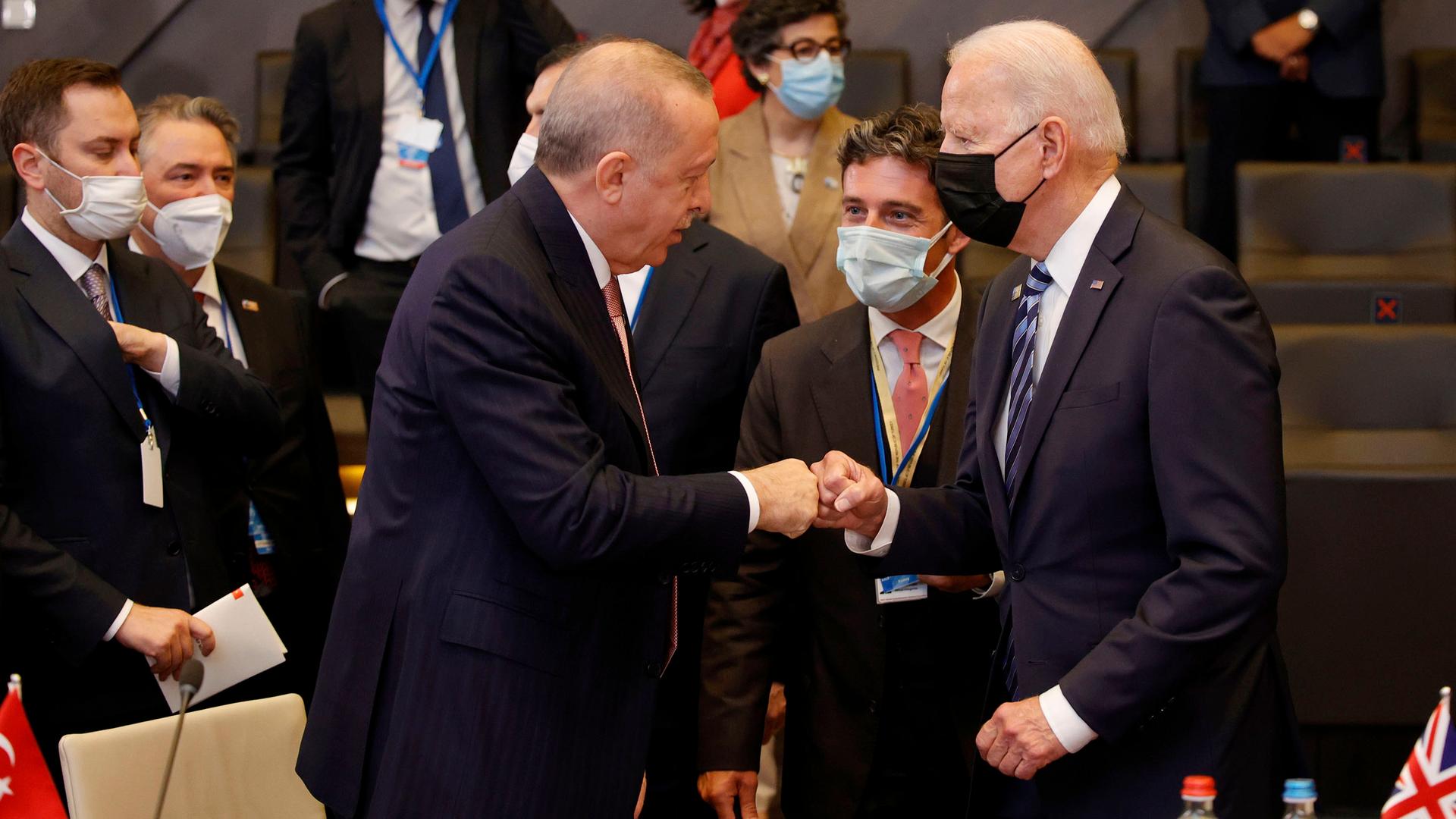 Biden and Erdoğan fist-bump at NATO meeting. 