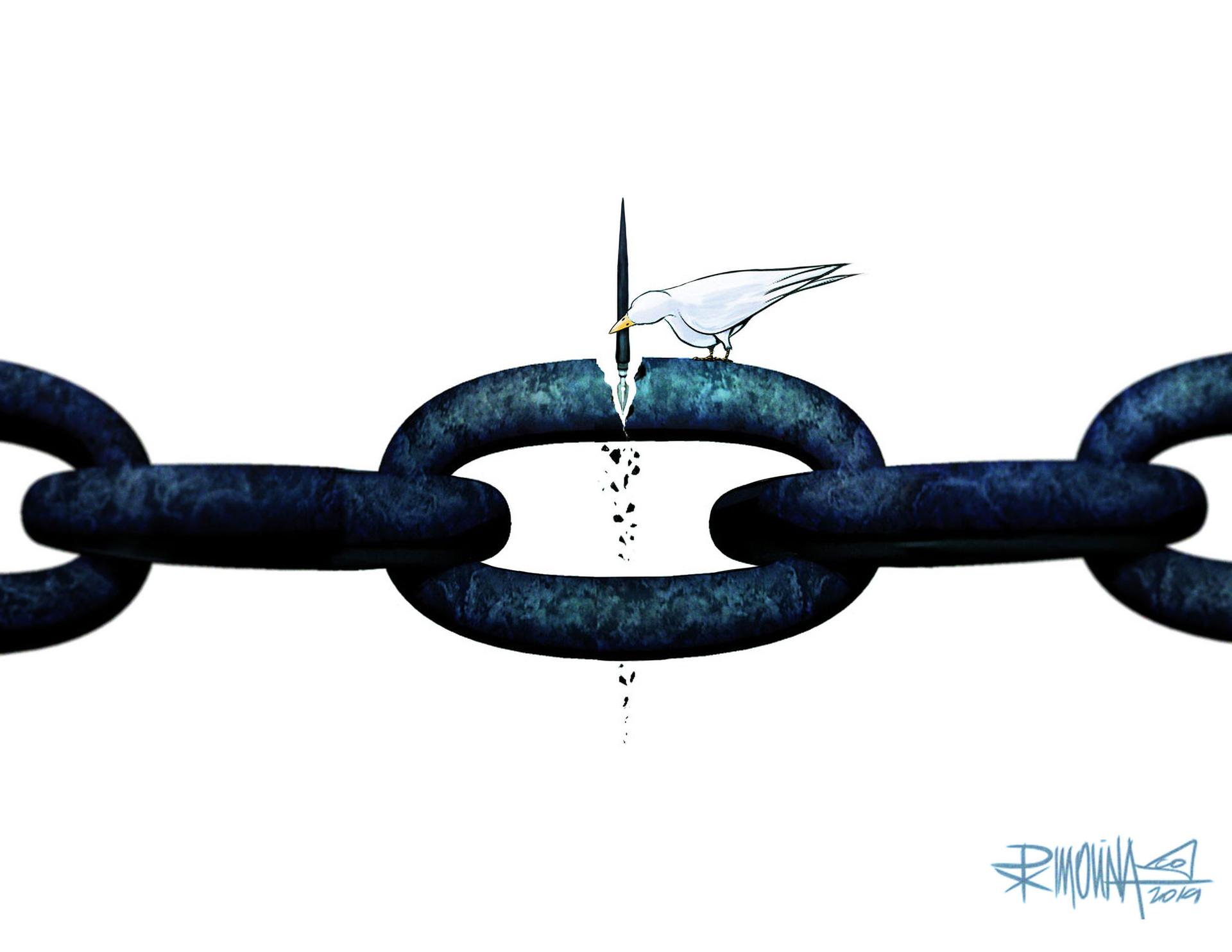 A cartoon showing a large chain and a white bird with a pen cracking through the chain.