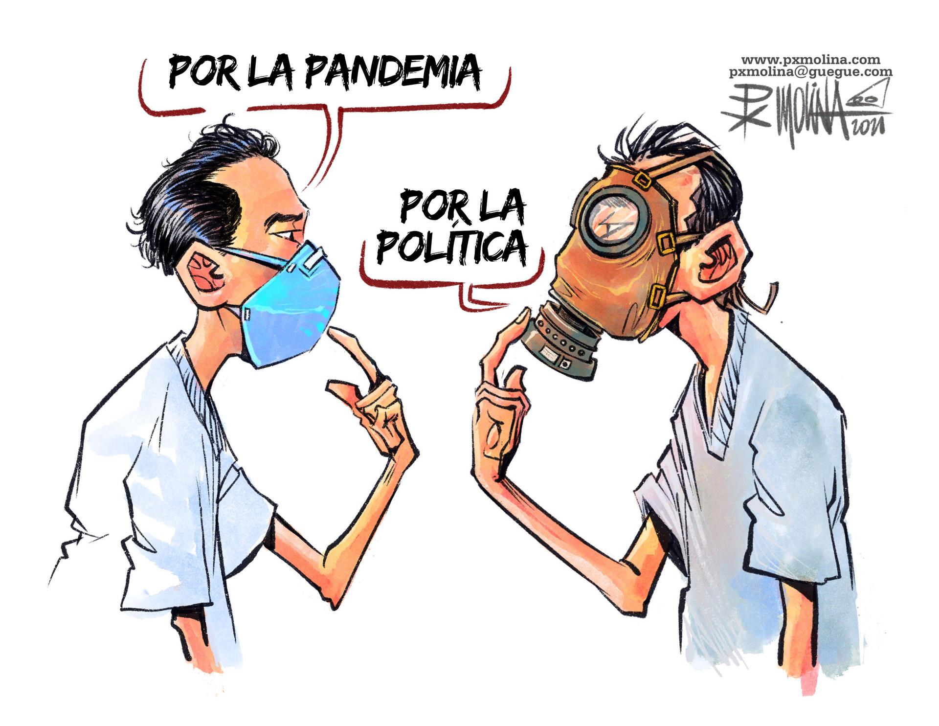 A cartoon showing a man on the left wearing a blue medical mask and a man on the righ wearing a gas mask.