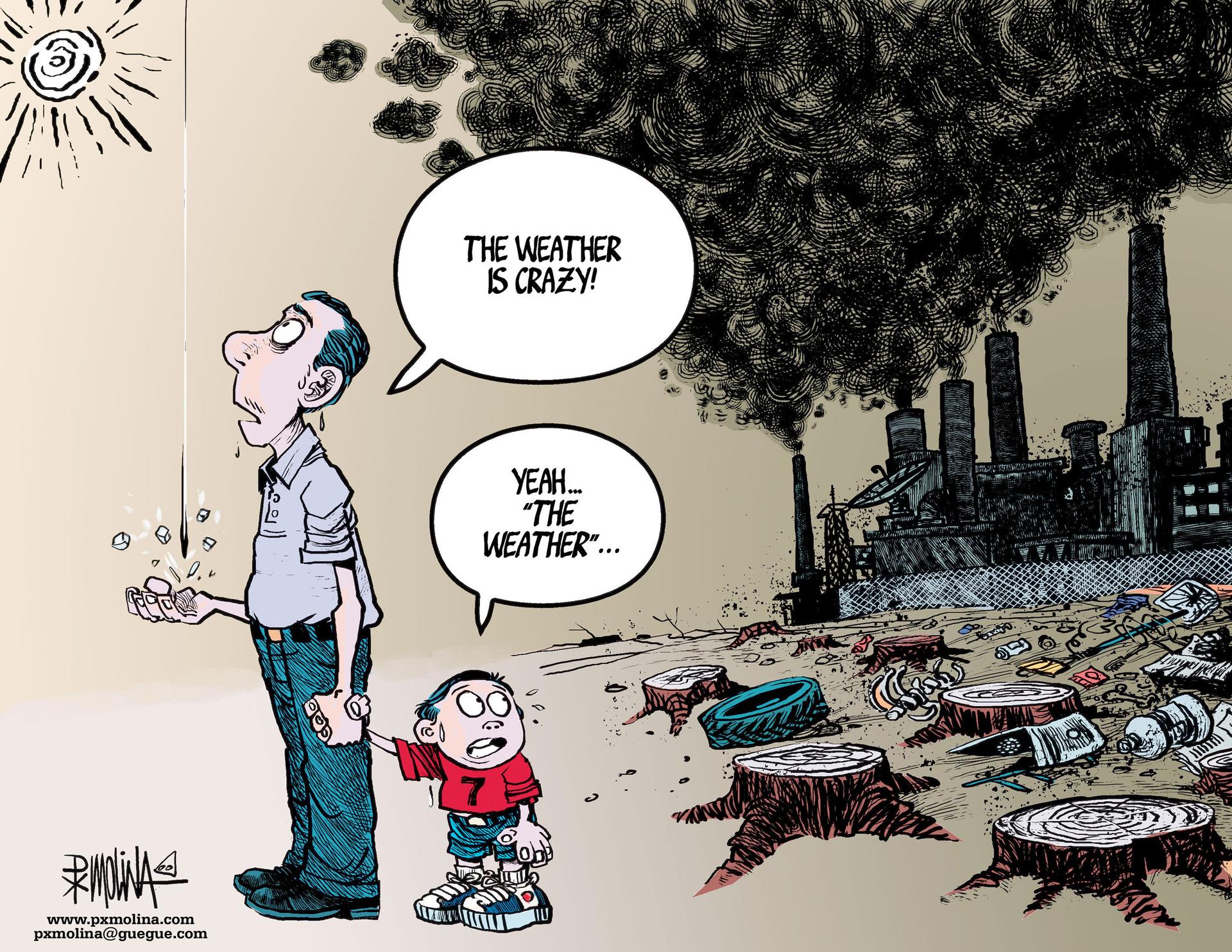 A cartoon showing a man looking up and a young boy looking back at a factory polluting the air and clear cut forest.