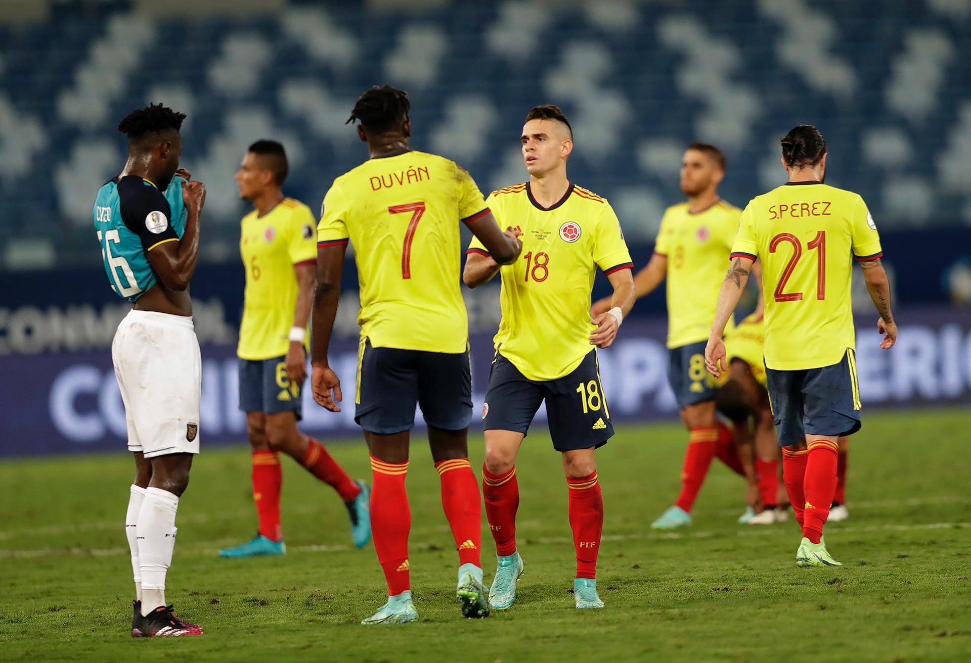 Colombia's players celebrate winning 1-0 against Ecuador during a Copa America soccer match at Arena Pantanal stadium in Cuiaba, Brazil, June 13, 2021.