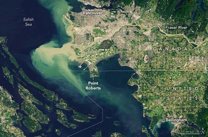 A map of Point Roberts, situated on a peninsula in the Puget Sound.