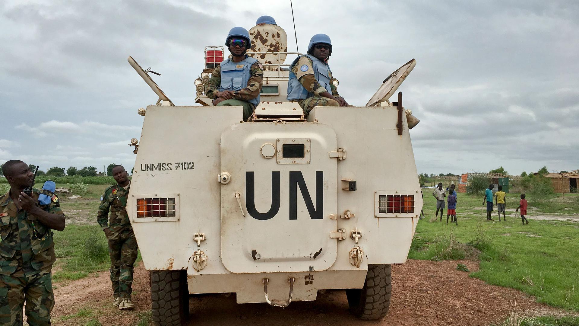 Peacekeepers from the United Nations Mission in the Republic of South Sudan (UNMISS) provide security during a visit of UNCHR High Commissioner Filippo Grandi to South Sudan's largest camp for the internally displaced, in Bentiu, South Sudan, Sunday, June