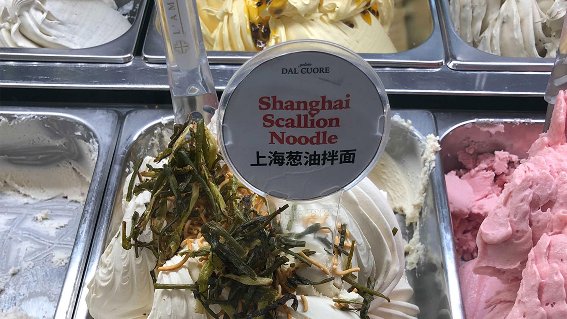 Various ice cream flavors with Shanghai scallion noodle featured in the middle