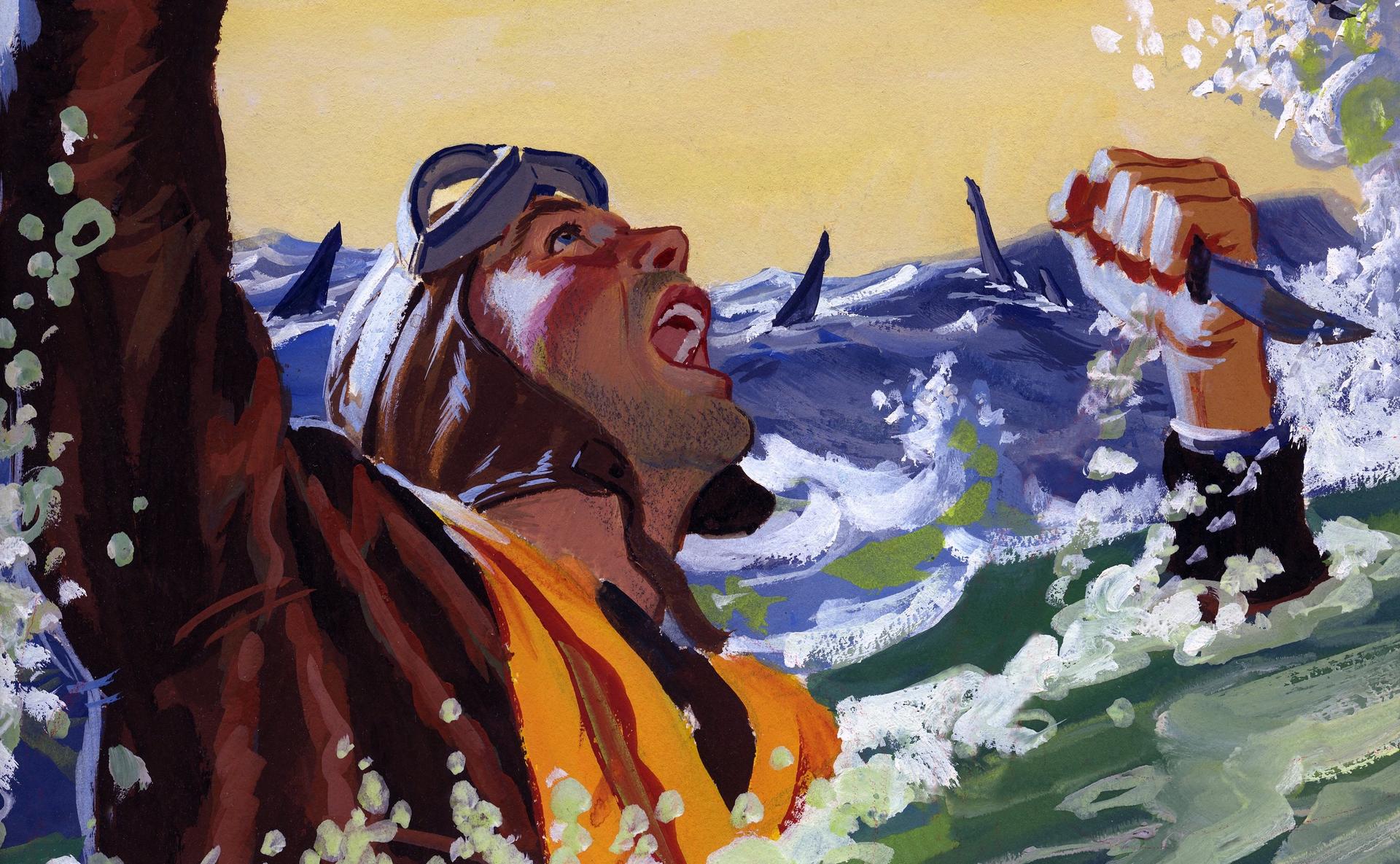 A painting for the U.S. Army’s Stars and Stripes newspaper shows a downed pilot fending off sharks with a knife.