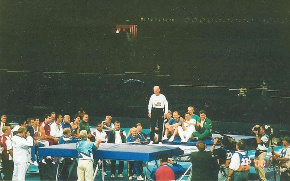George Nissen appears on a trampoline at the 2000 Olympics. 