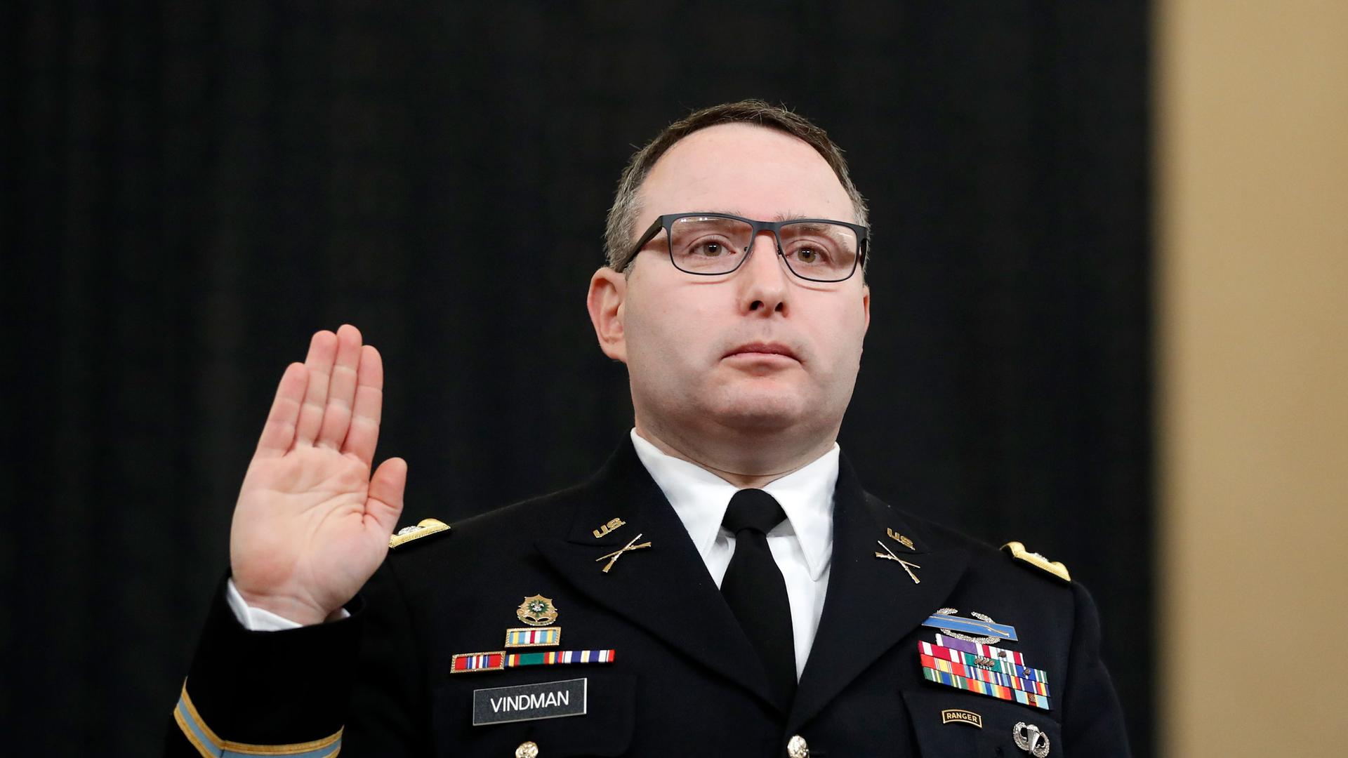 In this Nov. 19, 2019, file photo National Security Council aide Lt. Col. Alexander Vindman is sworn in to testify before the House Intelligence Committee on Capitol Hill in Washington. 